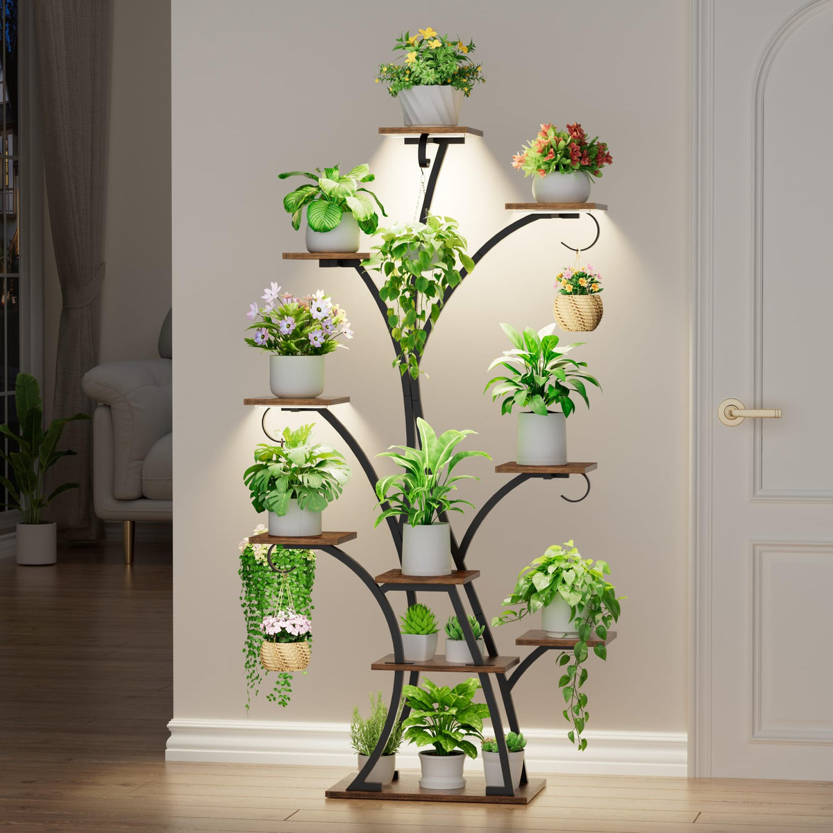 Plant Stand Indoor with Grow Lights - Lighted Plant Shelf Indoor, 64" Tall Corner Plant Stands for Indoor Growing, 10 Tier Flower Display Shelf, Large Tree-Shaped Holder for Home, Living Room, Black