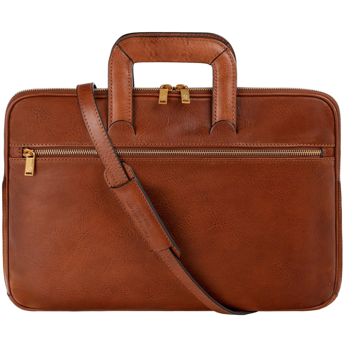 Time Resistance Slim Leather Briefcase - Italian Handmade Leather Laptop Bag for Men and Women (Cognac Brown)