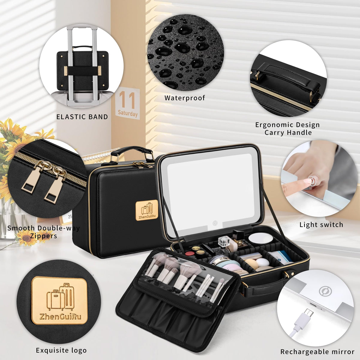 Gdsshuhung Upgraded Makeup Bag with LED Mirror, Travel Makeup Bag with Compartments, Waterproof Cosmetic Travel Bag, Portable Makeup Case Organizer with Lighted Mirror & Brush Storage (Black)