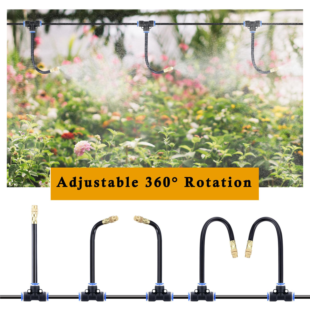 Mornajina Automatic Drip Irrigation Kits Garden Irrigation System, Includes 50FT 5/16 inch Irrigation Tubing Hose & 15Pcs 360° Bending Dropper Atomizing Mist Nozzles Tee for Garden Watering System