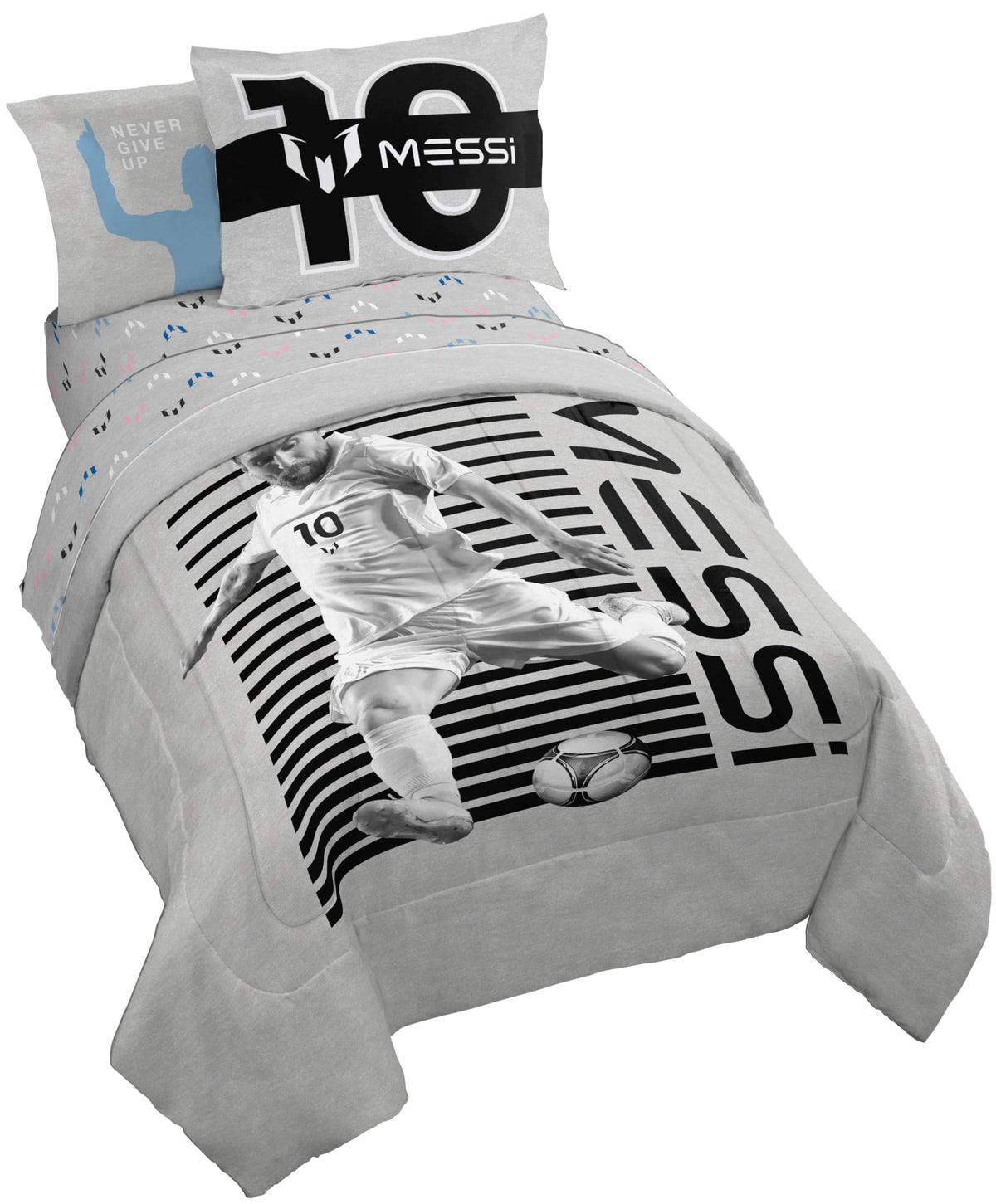 Jay Franco Kids Comforter Set Includes Sheets and Pillow Cover - Soft and Cozy Bed Set for Stylish Room Décor, Grey - Messi, 5 Piece Twin