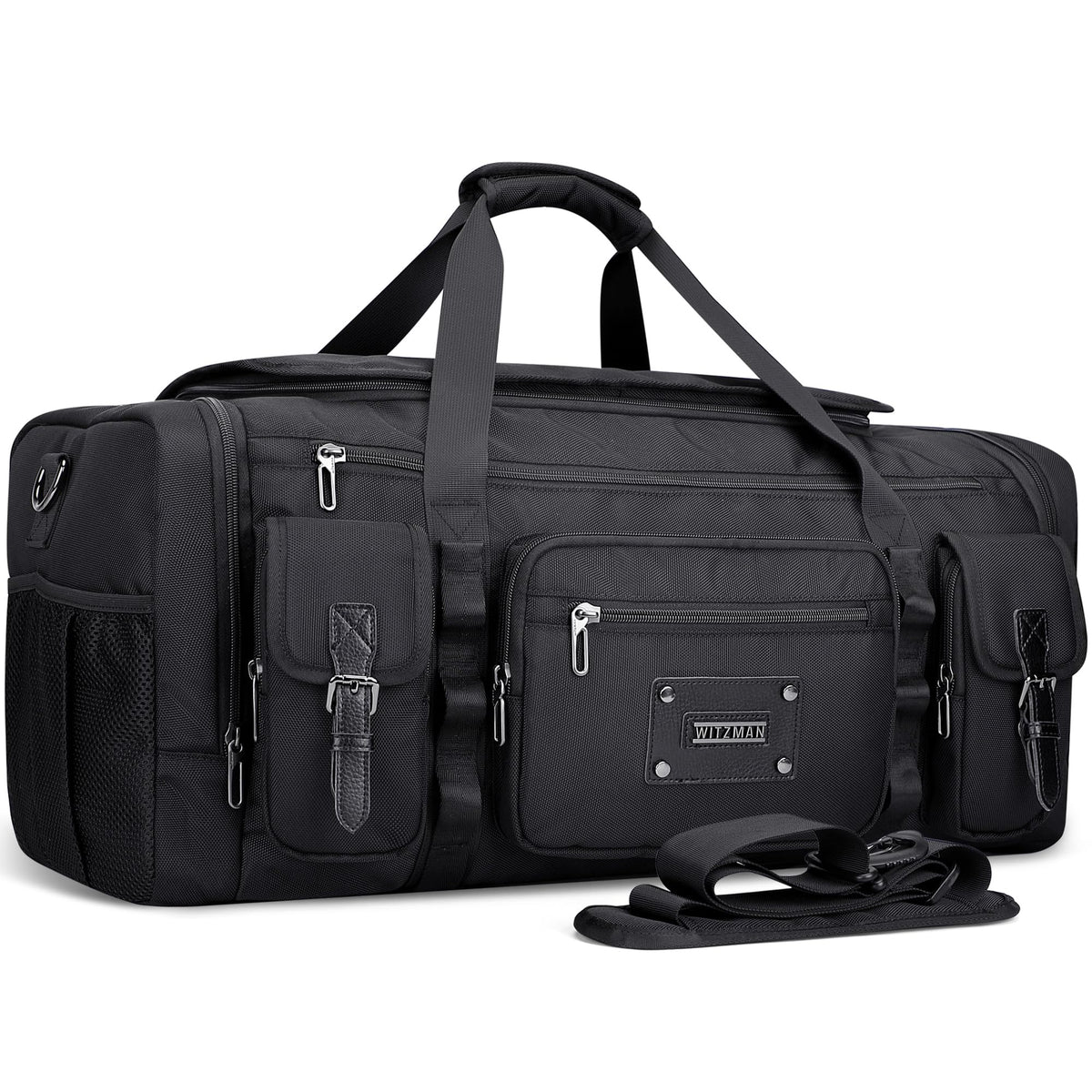WITZMAN Duffle Bag for Men Large Carry On Weekender Bag 54L Nylon Duffle Gym Bags for Travel with Shoes Compartment(B717 Black)