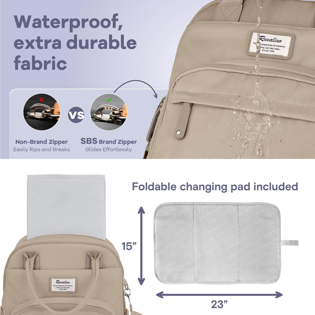 RUVALINO Diaper Bag Backpack-Multifunction Baby Travel Bag with Changing pad, Insulated Bottle Holders & Pacifier Case, Large Capacity, Waterproof, Clay