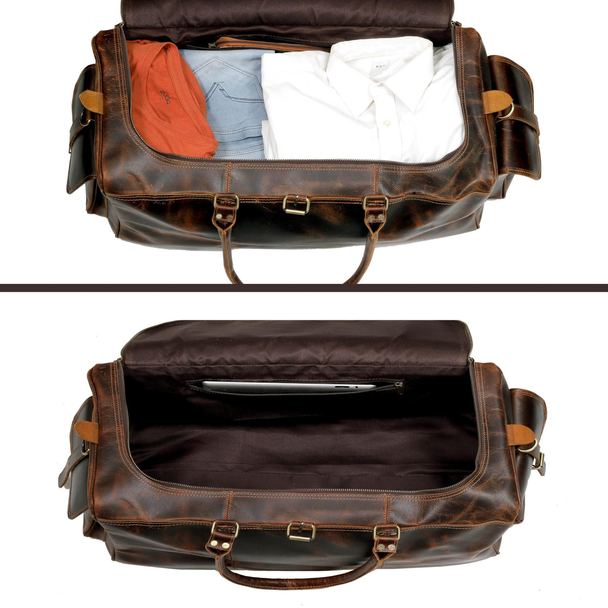 Cuero Full Grain Leather Duffle Bag for Men, Buffalo Overnight Weekend Travel Bag, Carry On with Organized Pockets, YKK Zippers, Adjustable Strap (Choclate Brown)