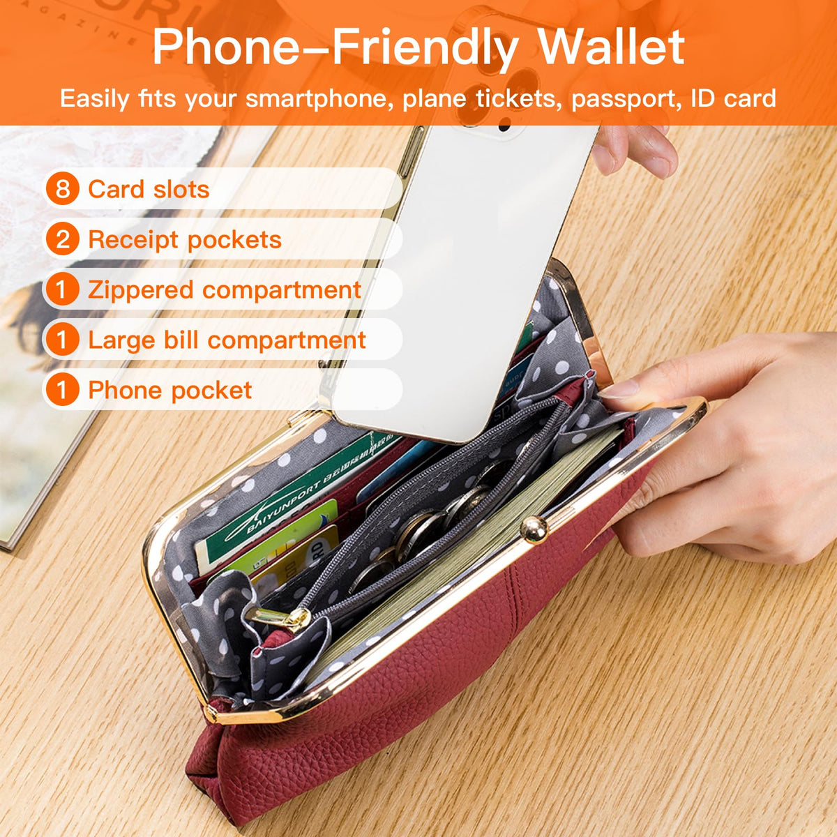 Leather Wallet for Women with Kiss Lock Closure, Multiple Card Slots, Smartphone Holder, 8.07 x 4.72 Inches (Black)