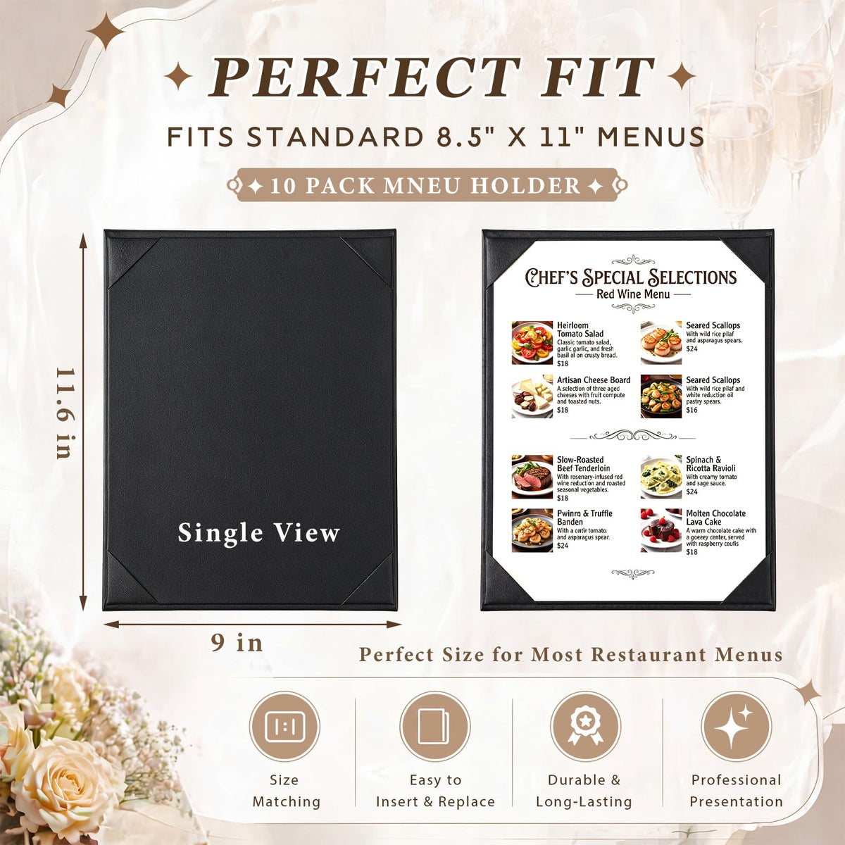 Ferrochef 10 Pack PU Leather Menu Covers, Single View Menu Holder for 8.5 x 11 Inch, Durable & Waterproof, Restaurant, Cafe, Bar Use, Professional Presentation, Black