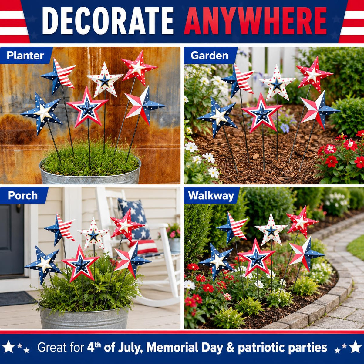 WKHOMEDECO 4th of July Decorations Outdoor 19" Metal Barn Star 6-Pack, Patriotic Outdoor Decorations, Rustic Iron Decorative Garden Stakes with American Flag Stars for Yard Patio Lawn