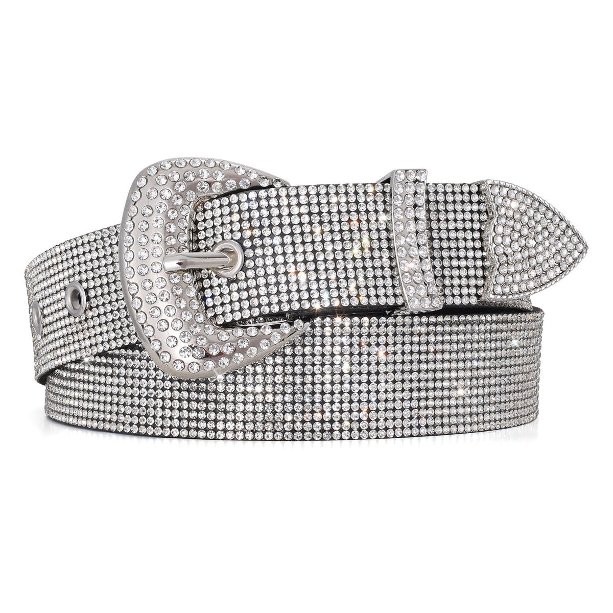 WHIPPY Rhinestones Leather Belts for Women Disco Bling Studded Belt for Jeans Pants Western Cowgirl Shiny Waist Belt, Silver, M