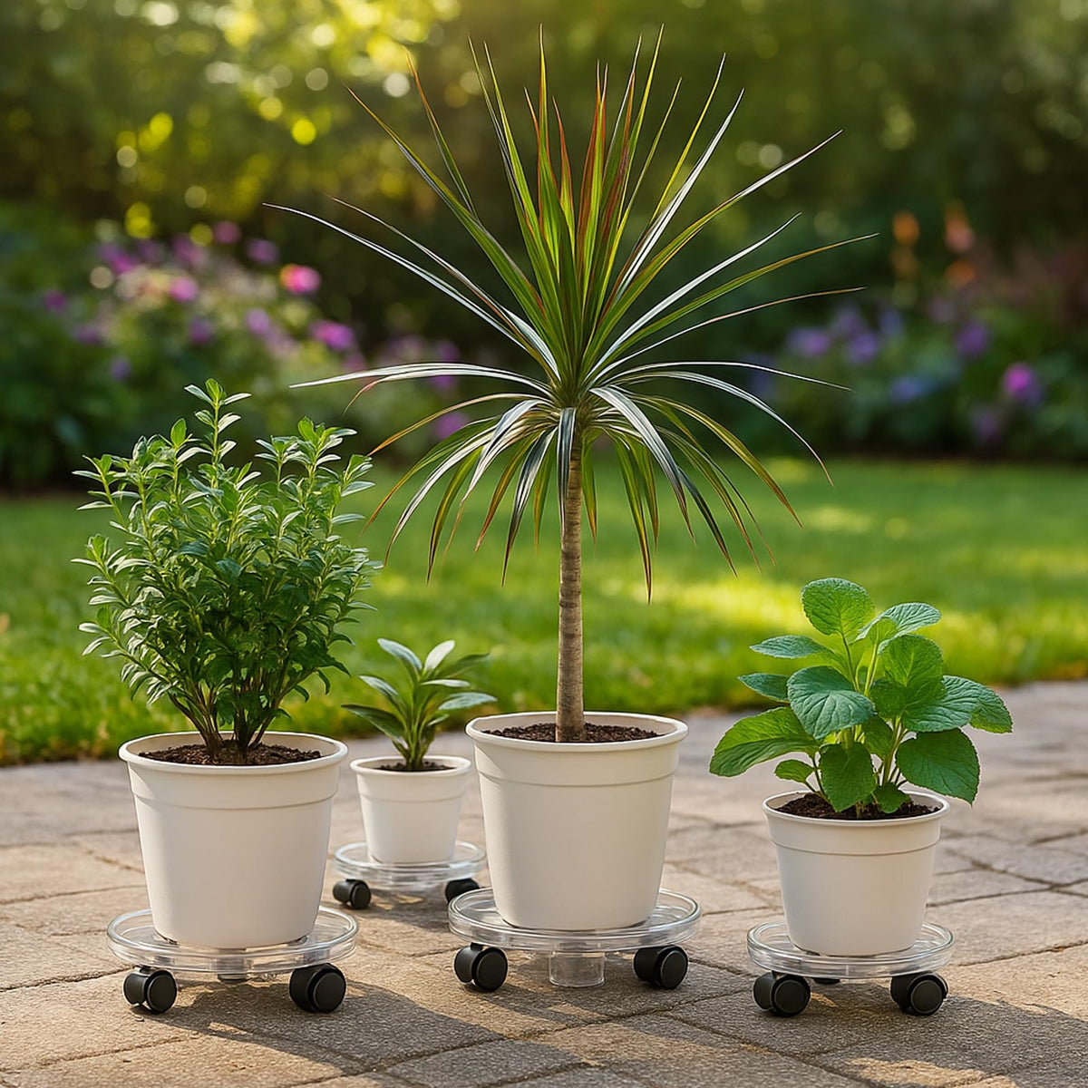 KvyusFlourish 4 Packs 11.8 Inches Large Clear Plant Caddy Plant Saucers on Wheels Rolling Plant Stands Heavy-duty Plant Dolly Plastic Planter Roller Base Pot Movers Outdoor Plant Tray Coaster