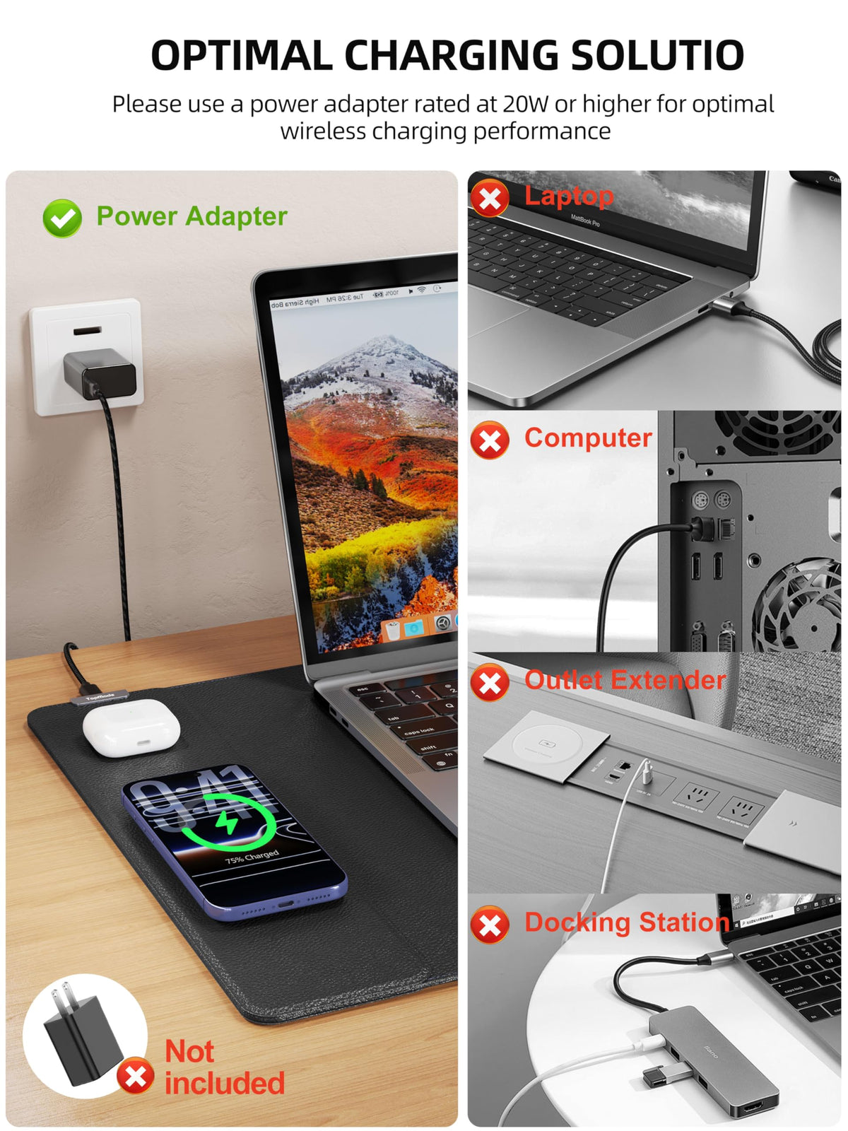 TopMade Mouse Pad with 15W Wireless Charging, XXL Large Leather Desk Mat, Waterproof Gaming Mousepad Home Office Desk Pad Protector, Computer Keyboard Pad, Mouse Mat for MacBook, PC, Laptop, Black