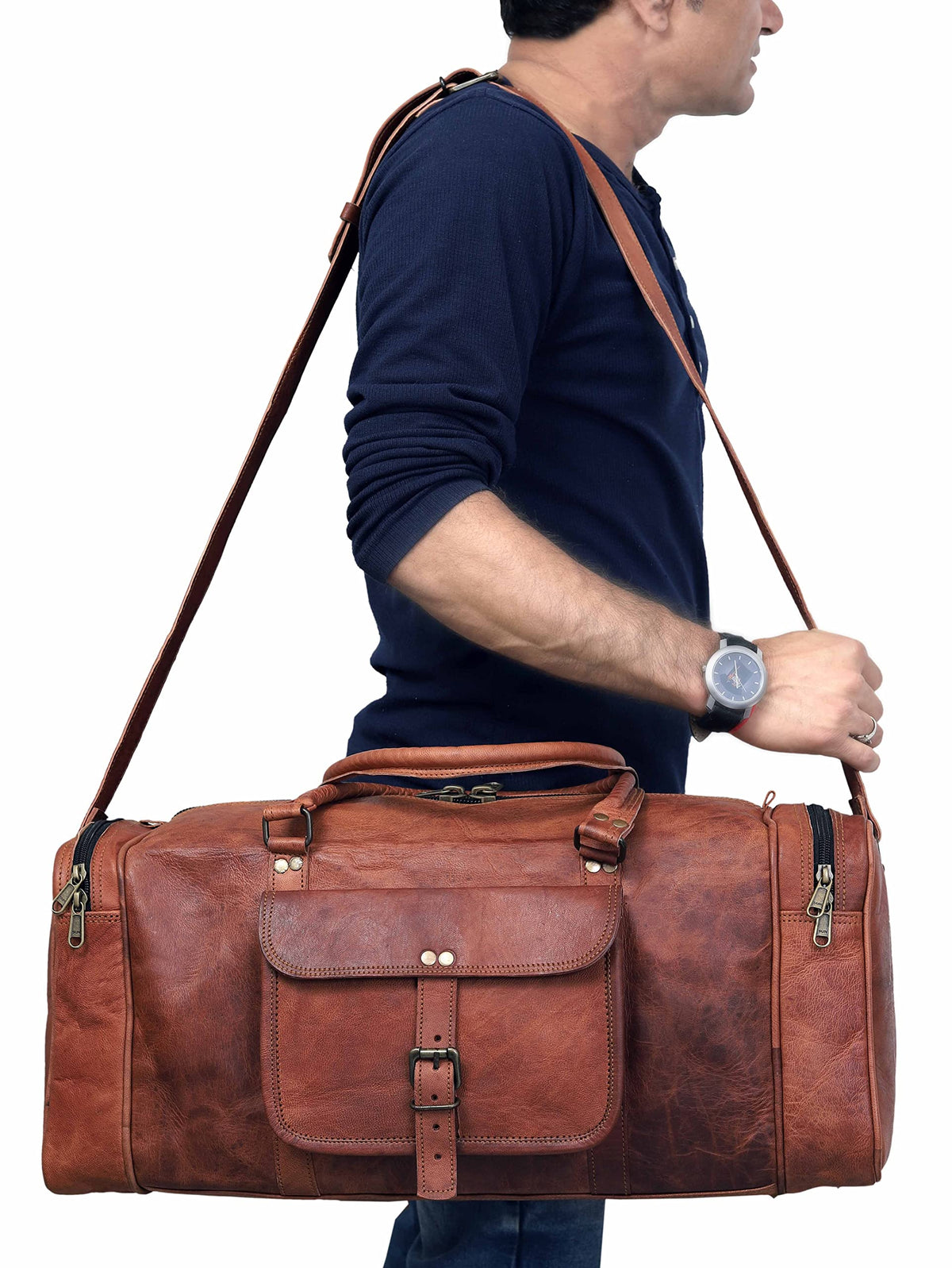 24 Inch Large Leather Duffel Travel Duffle Gym Sports Overnight Weekender Bag (brown)