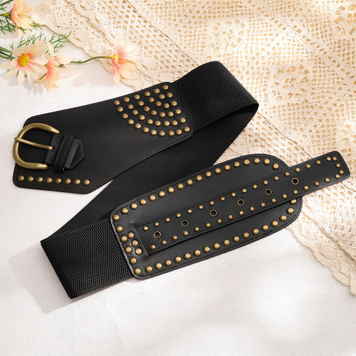JASGOOD Women Vintage Wide Elastic Belt Rivets Studded Stretchy Waist Belt with Metal Buckle