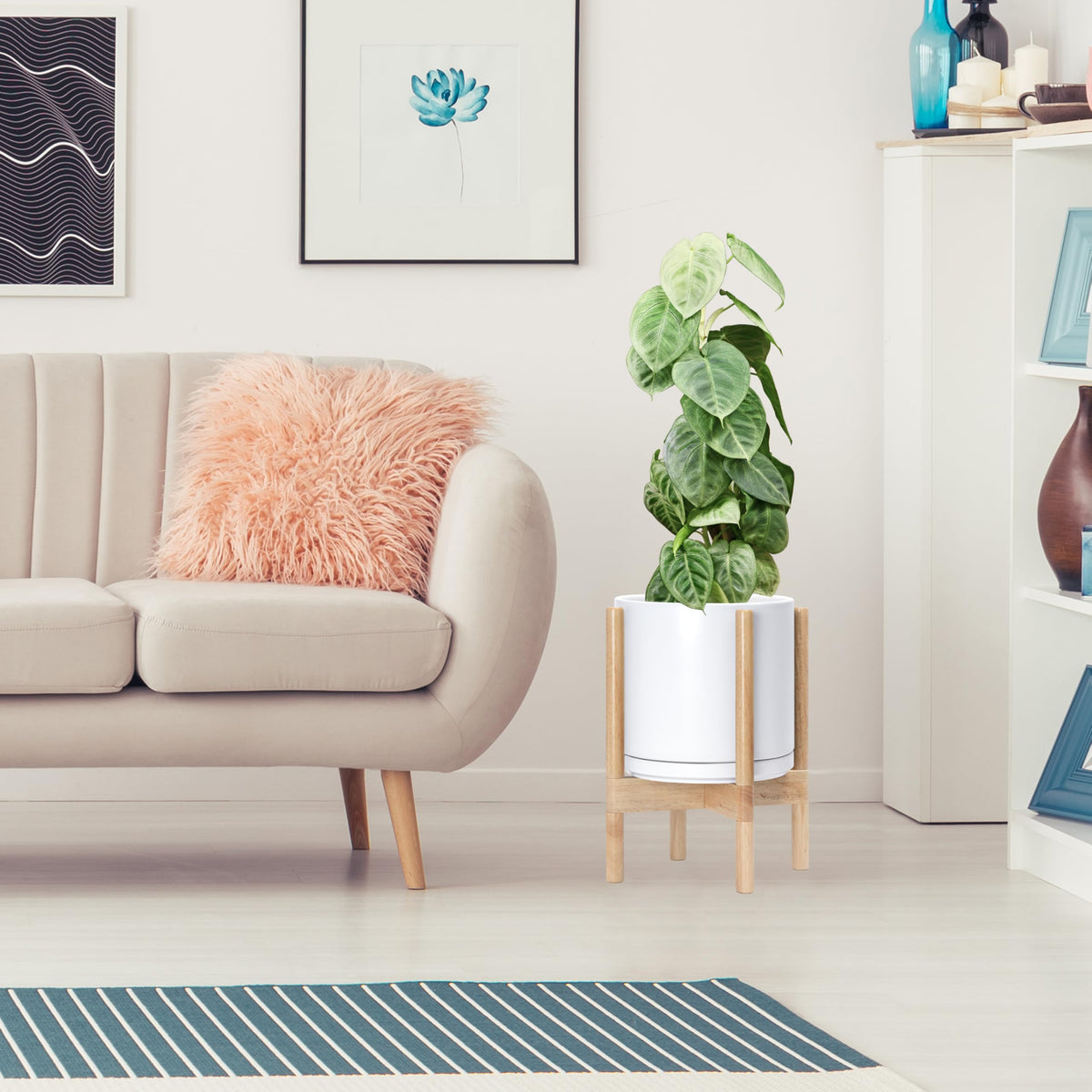D'vine Dev Ceramic Planter with Natural Stand - 10 Inch Modern Round Flower Pot with Wood Planter Holder, White, 55-B-K-1