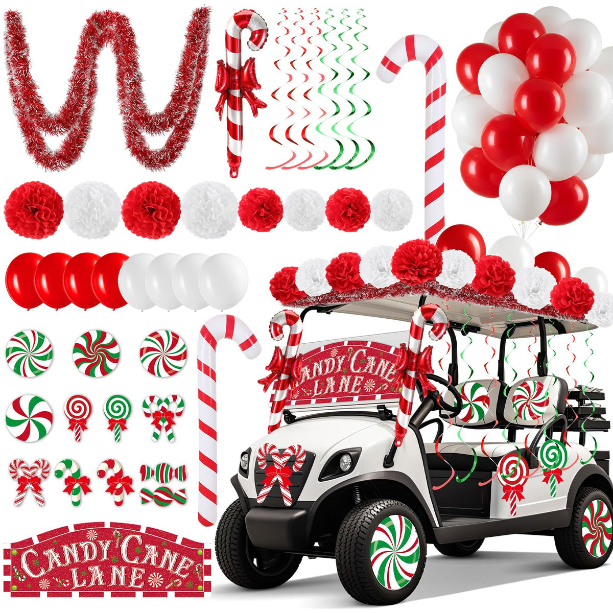 Soulchen 100 Pcs Christmas Golf Cart Decorations Xmas Candy Canes Lollipop PVC Decor Inflatable Red Tinsel Garlands Banner Red Hanging Swirls Tissue Paper Pompoms for Golf Cart Party Supplies Decor