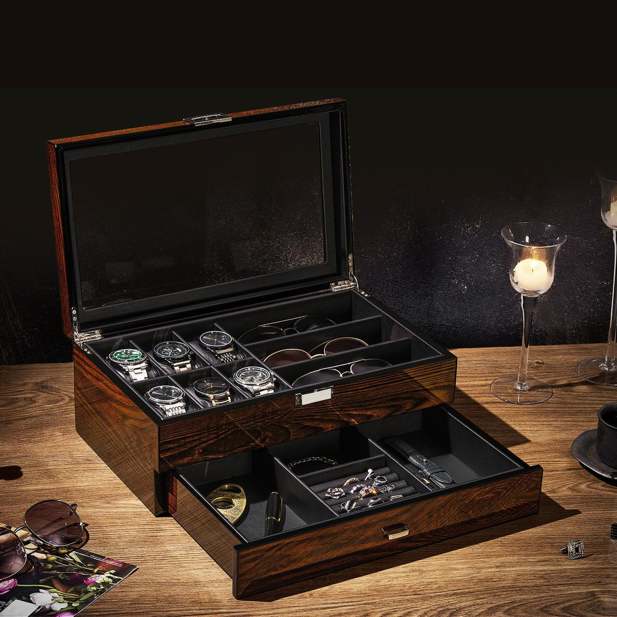 BEWISHOME Men's Wooden Jewelry Box Organizer, 6 Watch and 3 Sunglasses Organizer for Men, Wood Watch Display Case with Glass Lid and PU Leather Interior
