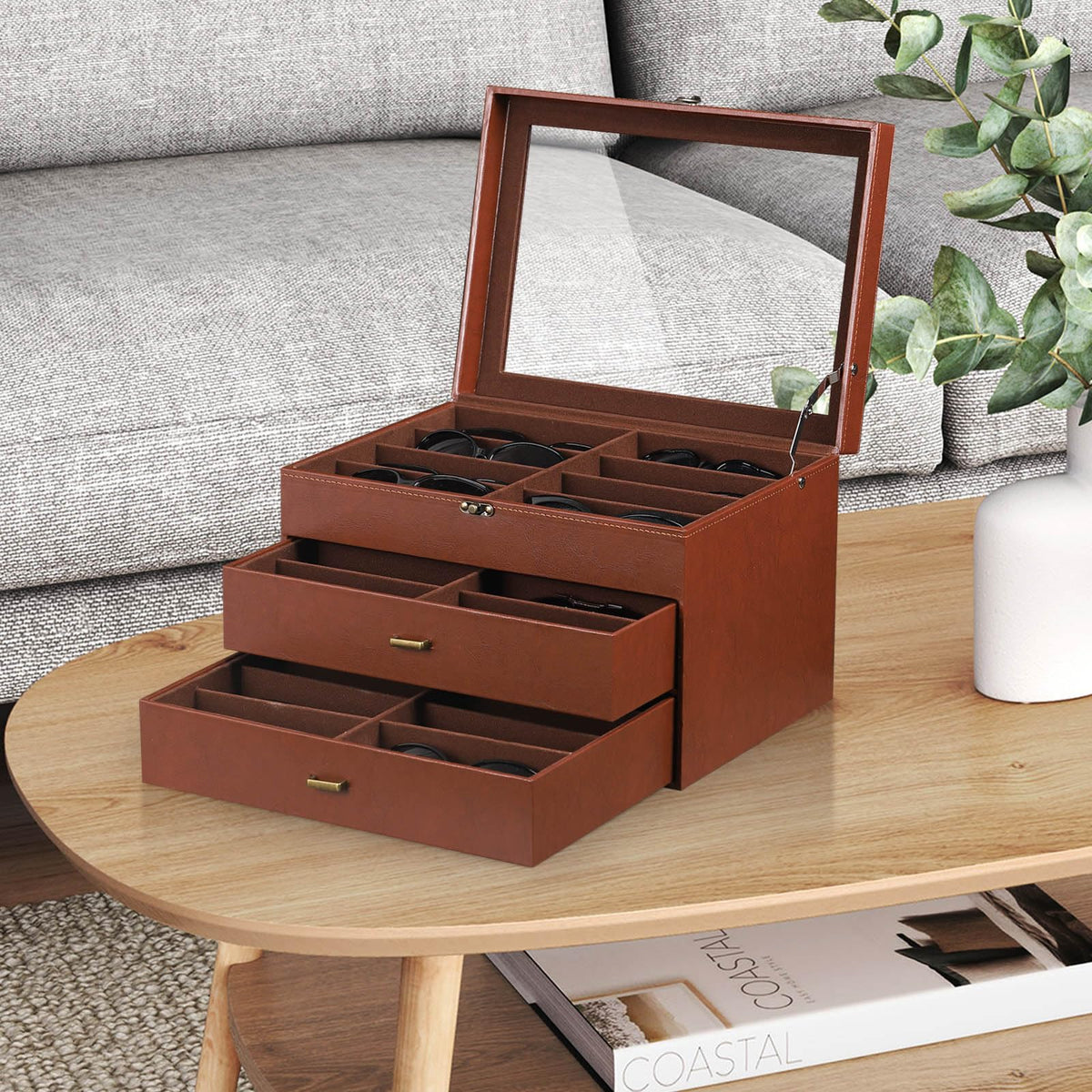 AUTOARK Leather & Velvet Clear Lid 24 Piece Eyeglasses Storage and Sunglass Glasses Display Drawer Lockable Case Organizer,Coffee,MKAW045