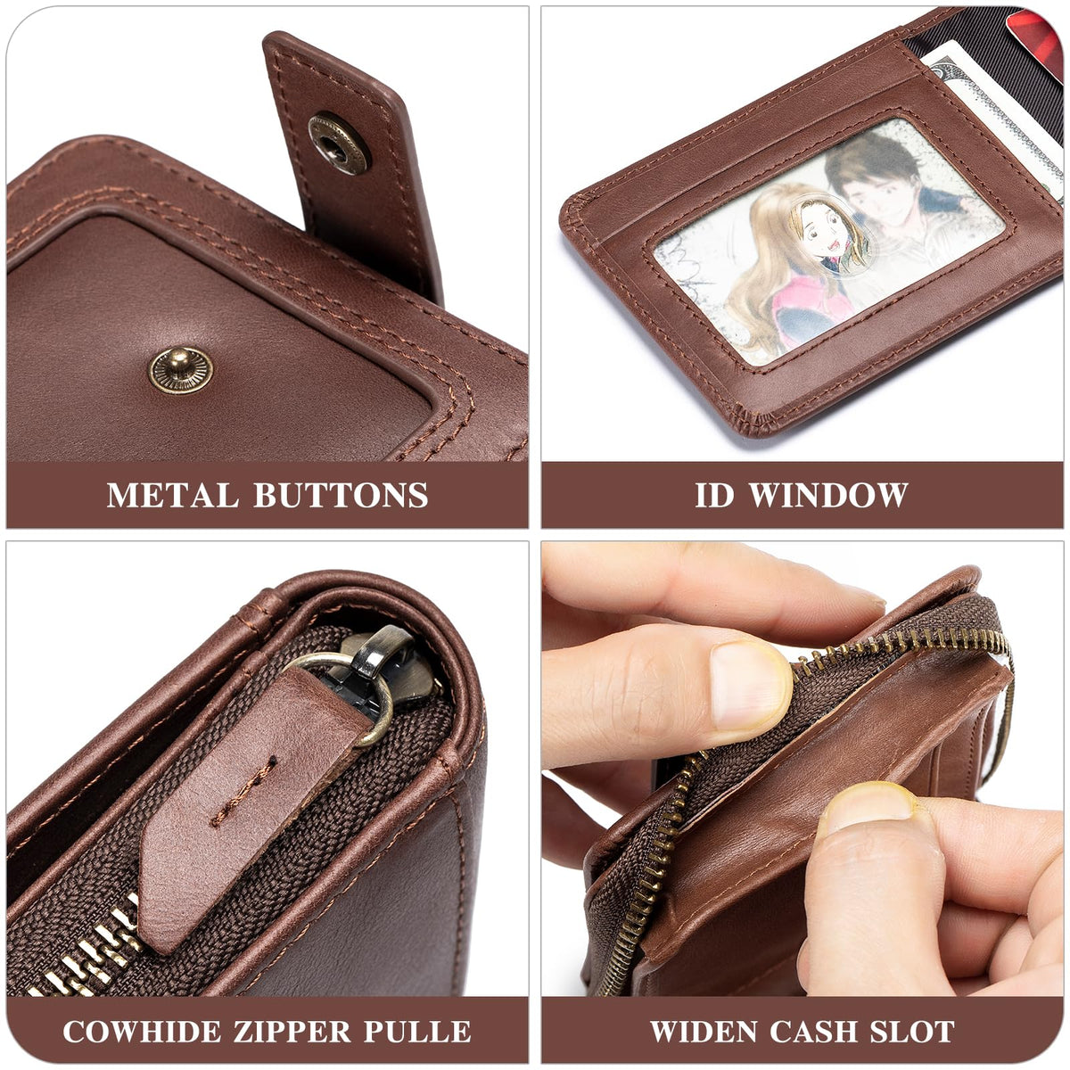 SCHLATUM Genuine Leather Zipper Wallet for Men RFID Blocking Large Capacity Vintage Wallet with Coin Pocket ID Window, Coffee