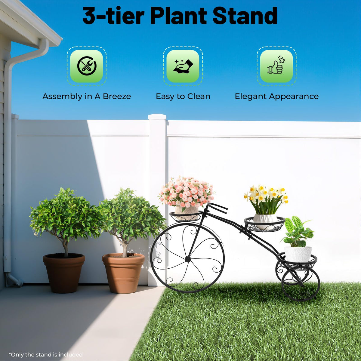 APOUDM 3 Tier Metal Bicycle Planter Large Bike Shaped Flower Stand 82x24x51cm Metal Plant Stand Freestanding Multi-Tier Plant Rack Flower Display Stand Cart for Living Room Balcony Patio (Black)