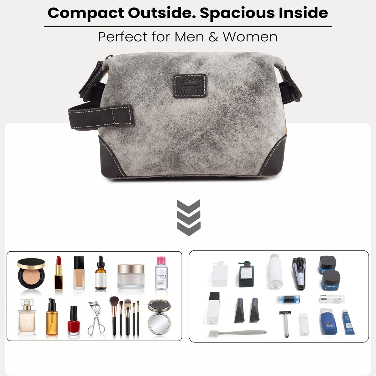 LEATHER VILLAGE Genuine Leather Dopp Kit for Men & Women with Waterproof Lining – Distressed Travel Toiletry Bag, Shaving & Bathroom Essentials Organizer - Distressed Grey