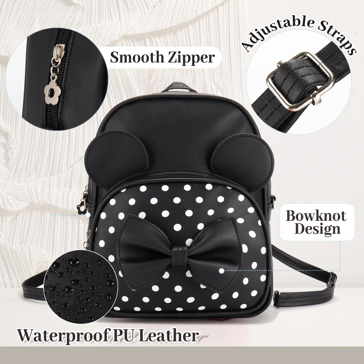 Coziyee Mini Backpack for Girls Women Cute Bowknot Polka Dot Small Mouse Backpack for Kid Toddler Purse Shoulder Bag Daypacks (Black)