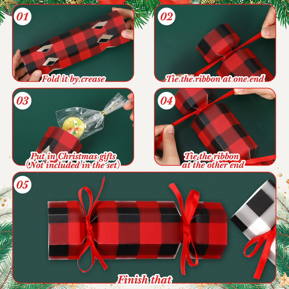 Xinnun 50 Packs Christmas Cracker Kit No Snap Xmas Party Table Favors Snowflake Reindeer DIY Christmas Party Cracker Candy Boxes for Holiday Dinner Decoration Gift (Plaid Style)