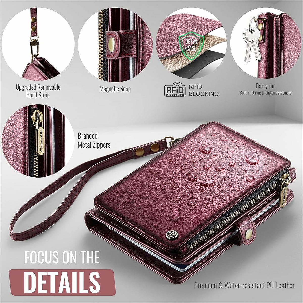 XIMAND Passport Holder Wallet Bag with AirTag Holder, 11 Card Slots and Passport Solt Cash Solt Photo Solt Zipper Pocket, RFID Blocking Wristlet Strap.Wine