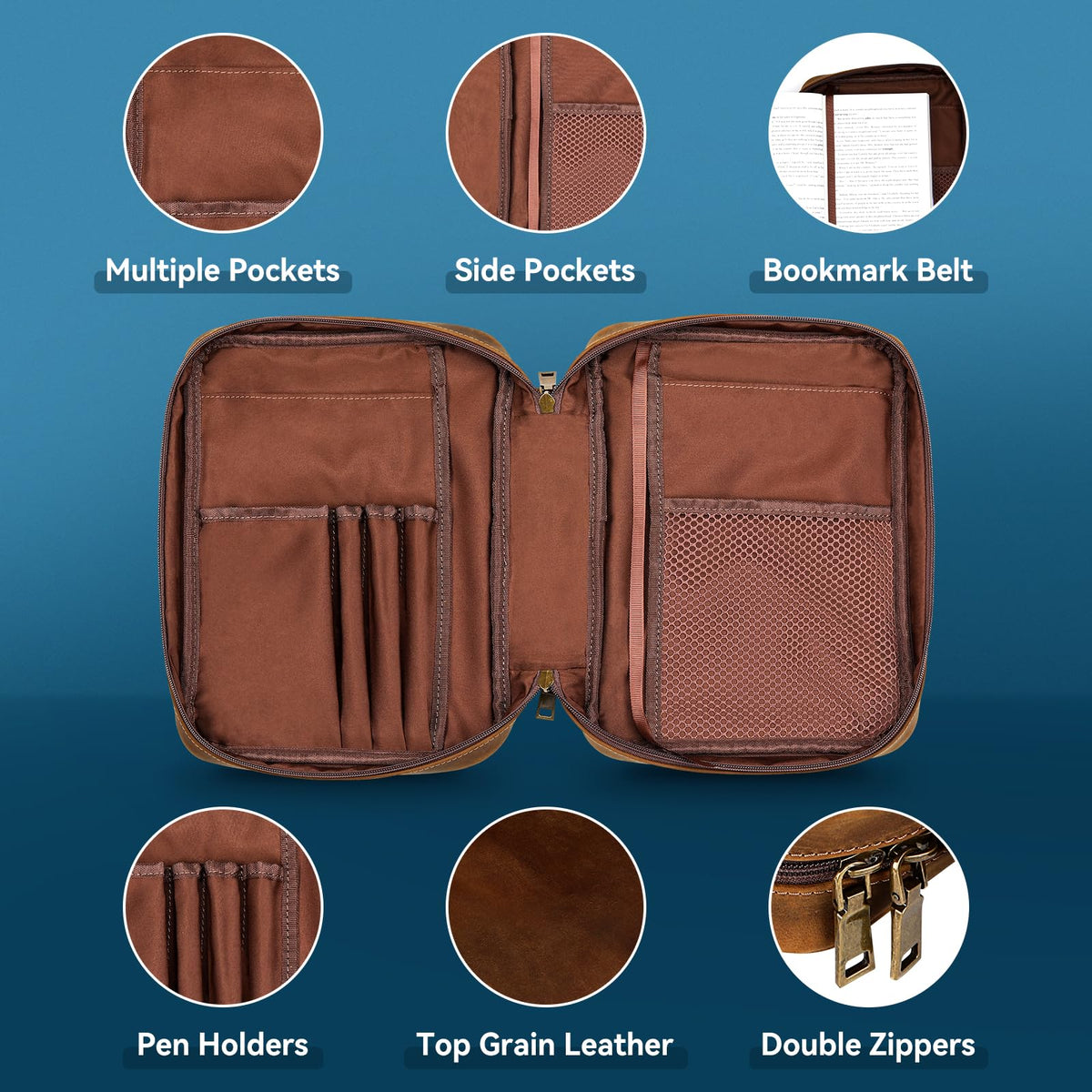 Carpetene Genuine Leather Bible Cover Cowhide Bible Case for Men Women Church Bag Protective Book Holder with Double Zippers Full Grain Leather Portfolio Organizer Bible Carrying Case with Handle