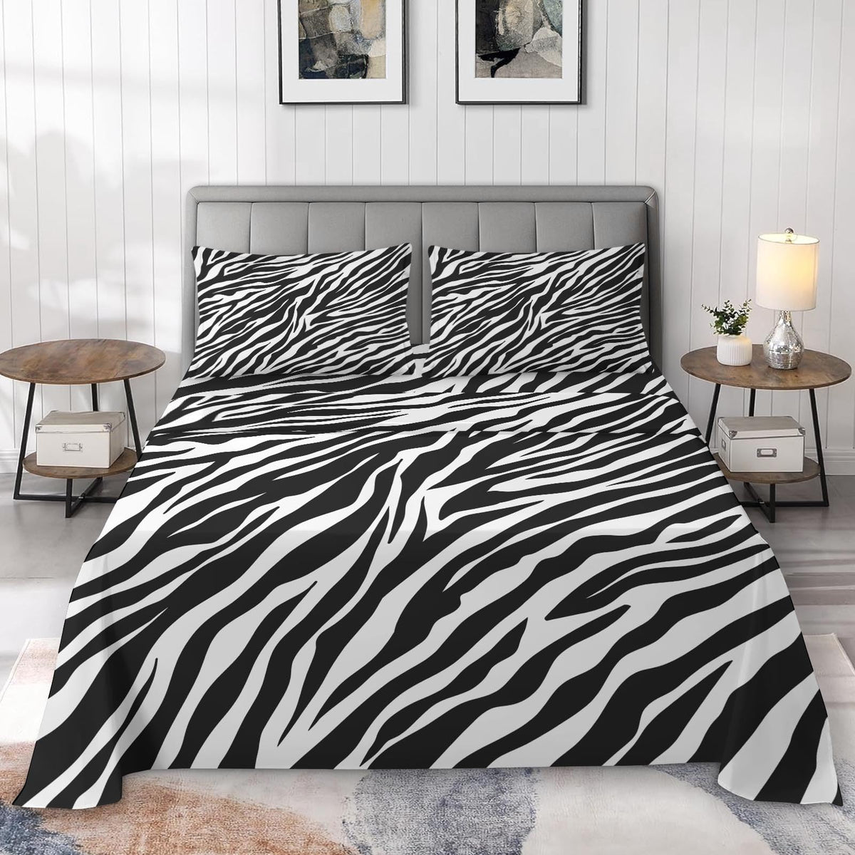 Pamnest Twin Size Bed Sheet Sets, Zebra Stripe Animal Soft Microfiber 3 Pcs Bedding Sets for Kids and Adults Bedroom Bed Decor, Black White Flat, Fitted Sheet and Pillowcases