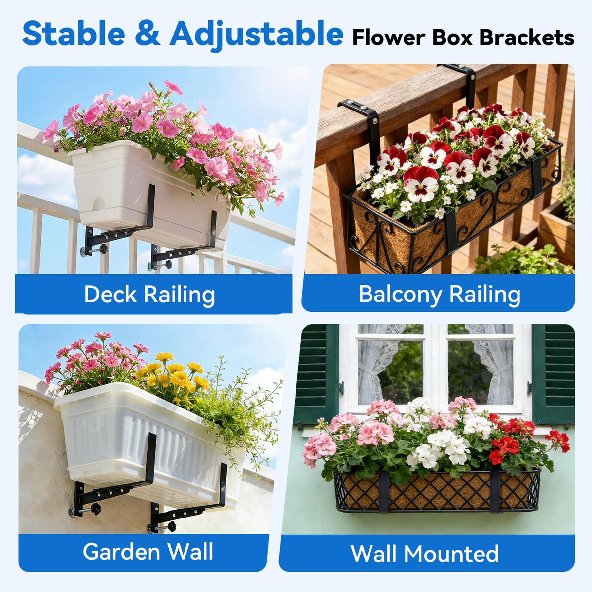 Halatool Railing Planter Box Brackets Outdoor, 4 Pack Adjustable Flower Planter Window Box Brackets, Heavy Duty No Drill Window Box Brackets with 65 lb Capacity for Railings Balcony Porch Fence