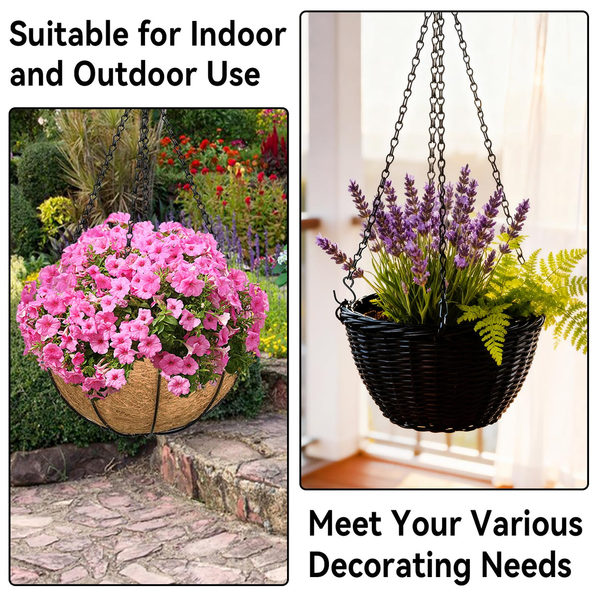 ZeeDix 4 Pack, 16 Inch Hanging Basket Chain with Hooks, Black Metal Planter Flower Pot Chain for Hanging Plants Outdoor, Adjustable Replacement Chain for Lanterns, Bird Feeders and Flowers