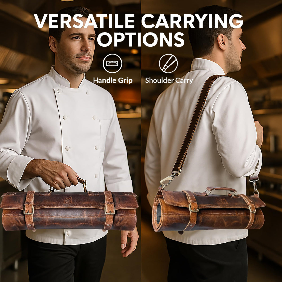 RUSTIC TOWN Leather Knife Roll Storage Bag | Elastic and Expandable 11 Pockets with Tool Pouch | Adjustable/Detachable Shoulder Strap | Travel-Friendly Chef Knife Case Roll (Walnut Brown)