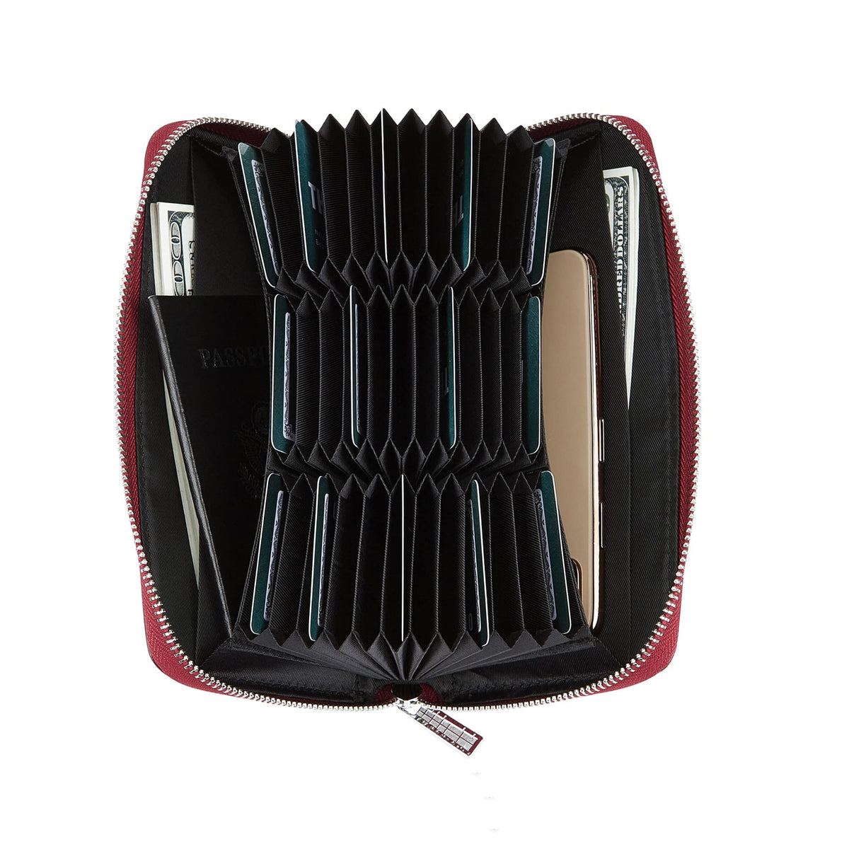 Cynure Women 36 Slots RFID Blocking Card Holder Large Long Leather Zipper Organizer Accordion Wallet,Dark Red