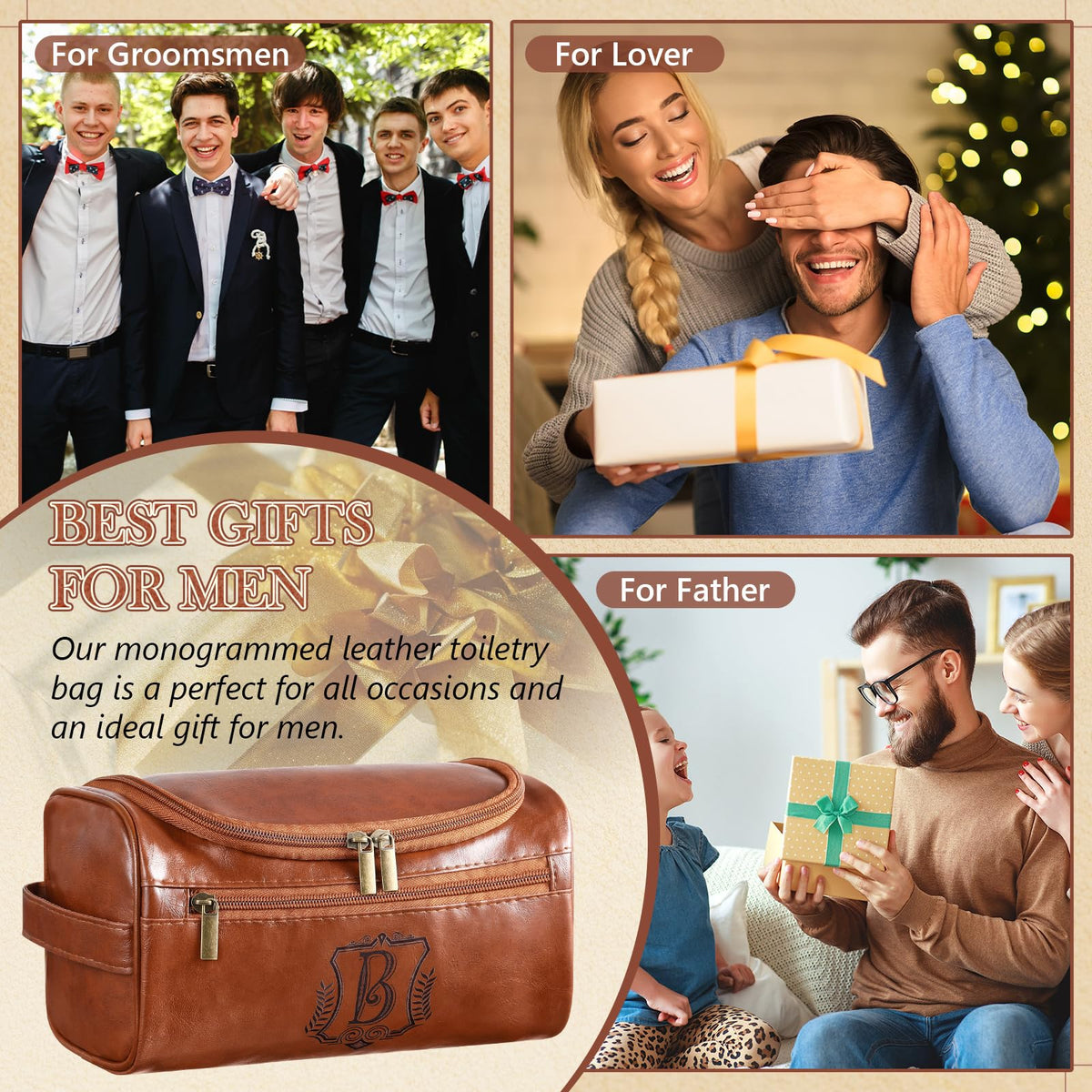 Sadnyy Father's Day Personalized Leather Toiletry Bag for Men Initial Travel Bag with Hook Monogrammed Toiletry Pouch Leather Travel Bathroom Kit with Side Handle for Anniversary Birthday Gifts(B)