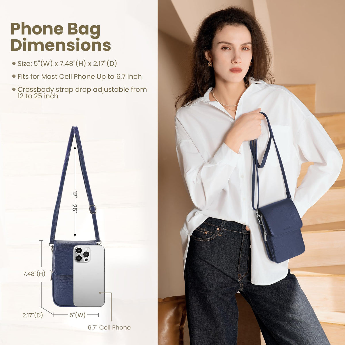 befen Small Genuine Leather Crossbody Bag Woman Cell Phone Crossbody Wallet Purses with Adjustable Shoulder Strap Navy Blue