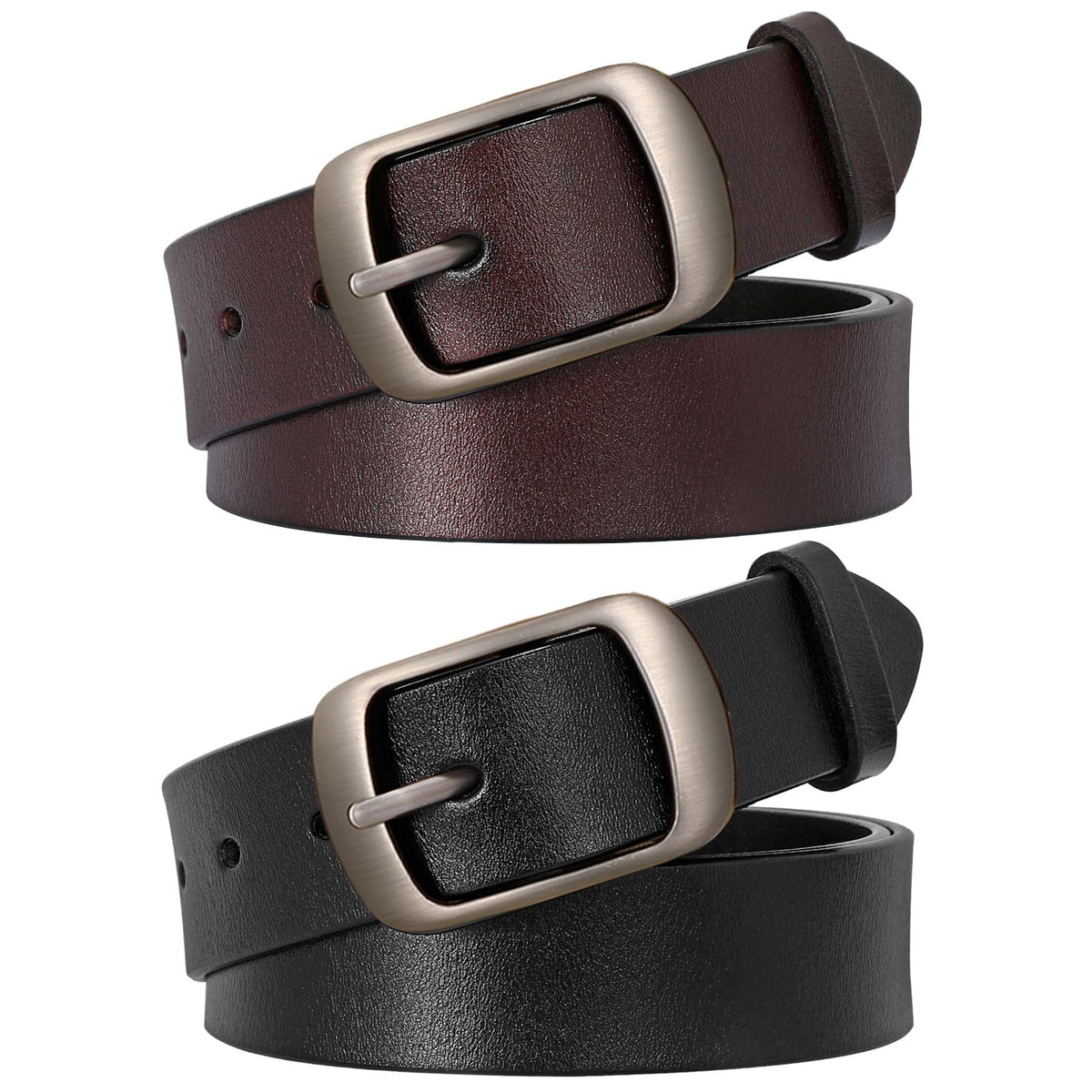 SUOSDEY 2 Pack Womens Genuine Leather Belts, Waist Belt with Pin Buckle for Jeans Pants,black and coffee,width 1.3'',Small: fits waist from 25''-30''