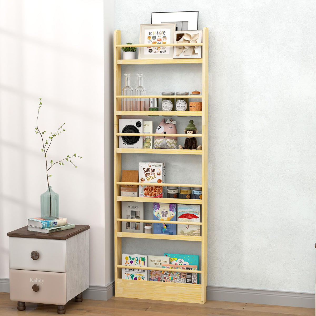 petour 6 Tier Behind The Door Bookshelf, Space Saving Behind The Door Bookcase Wooden Kids Wall Bookcase for Bedroom Living Room Playroom (Wood)