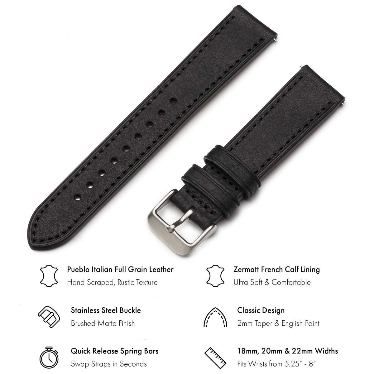 Benchmark Quick Release Leather Watch Band - Premium Italian Full Grain Leather Watch Straps for Men & Women (18mm, Black)
