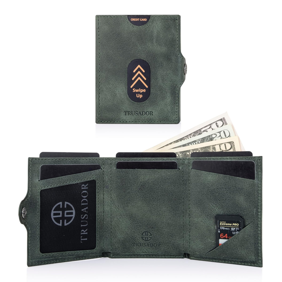 TRUSADOR Valencia Unisex Leather Wallet Small Compact Front Pocket RFID With Coin Pocket Wallets (With Coin Pocket, Green)