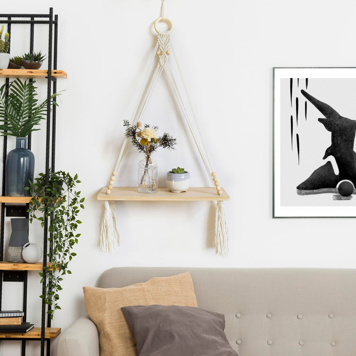 HVEST Macrame Wall Hanging Shelf Boho Wall Decor Floating Storage Book Shelf Beige Handmade Woven Tapestry for Bedroom Living Room Dorm Nursery Bathroom Wall Art Macrame Plant Hanger