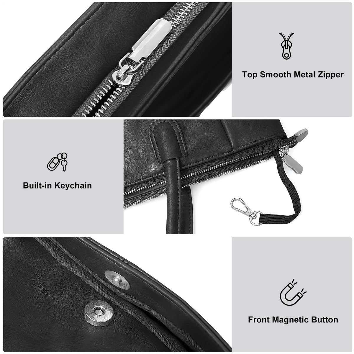 monrich Large Black Tote Bag for Women Work Vegan Leather 23L Womens Tote Purse with Zipper Ladies Handbags