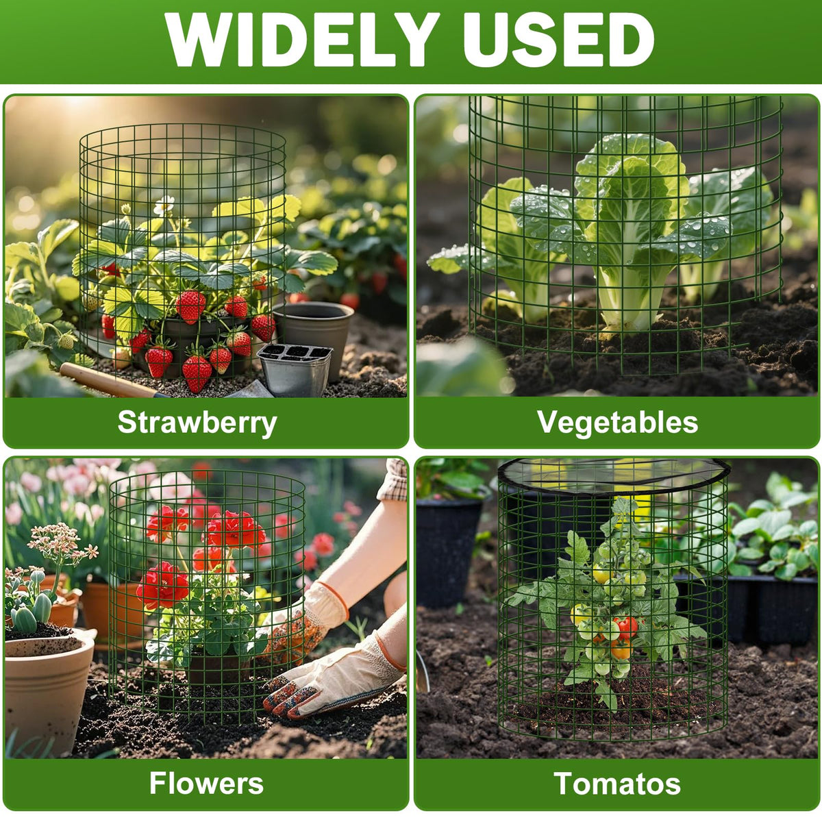 Plant Protector from Animals with Detachable Covers - 4 Pack 16”x 16" Wire Cage Cloches with Ground Stakes and Tools for Protecting Vegetable, Flower, Seedling