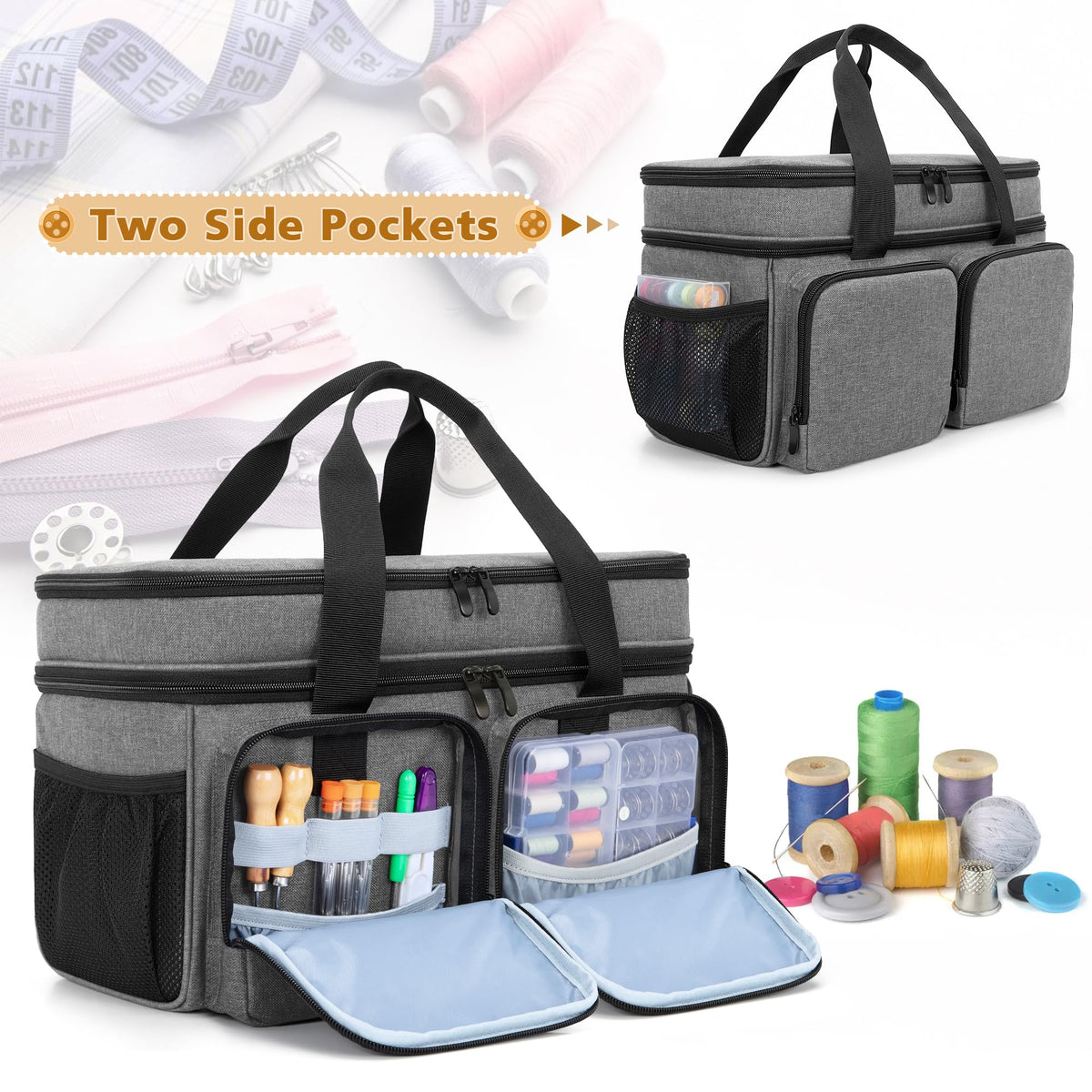 BAFASO Large Sewing Organizer Bag with an Individual Pouch and Detachable Dividers, 2 Layers Sewing Storage Bag for Sewing Supplies, Gray
