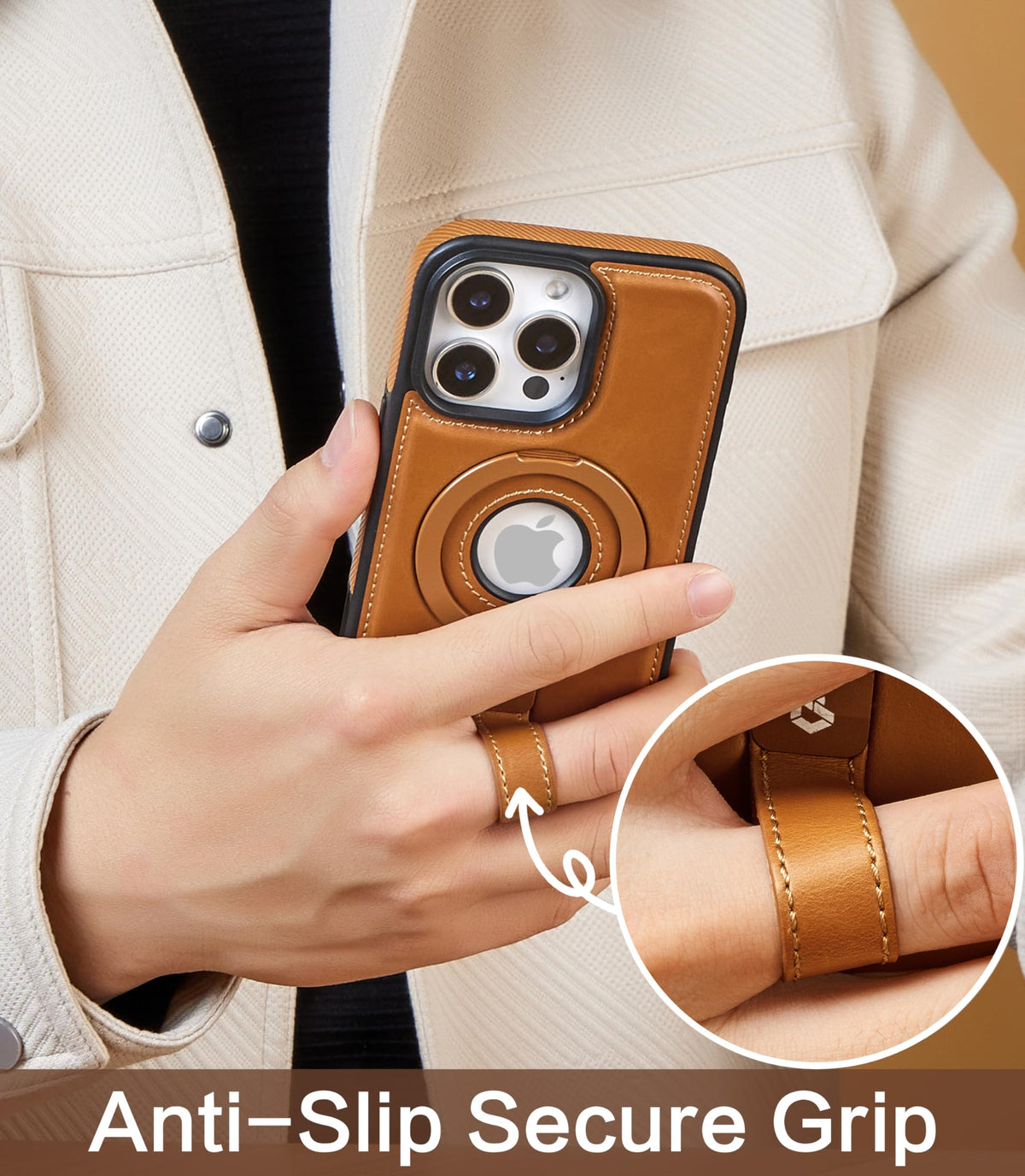 Butaiga for iPhone 16 Pro Max Leather Case with Stand, Anti-Slip Grip Ring, Fits for MagSafe (Brown, iPhone 16 Pro Max)