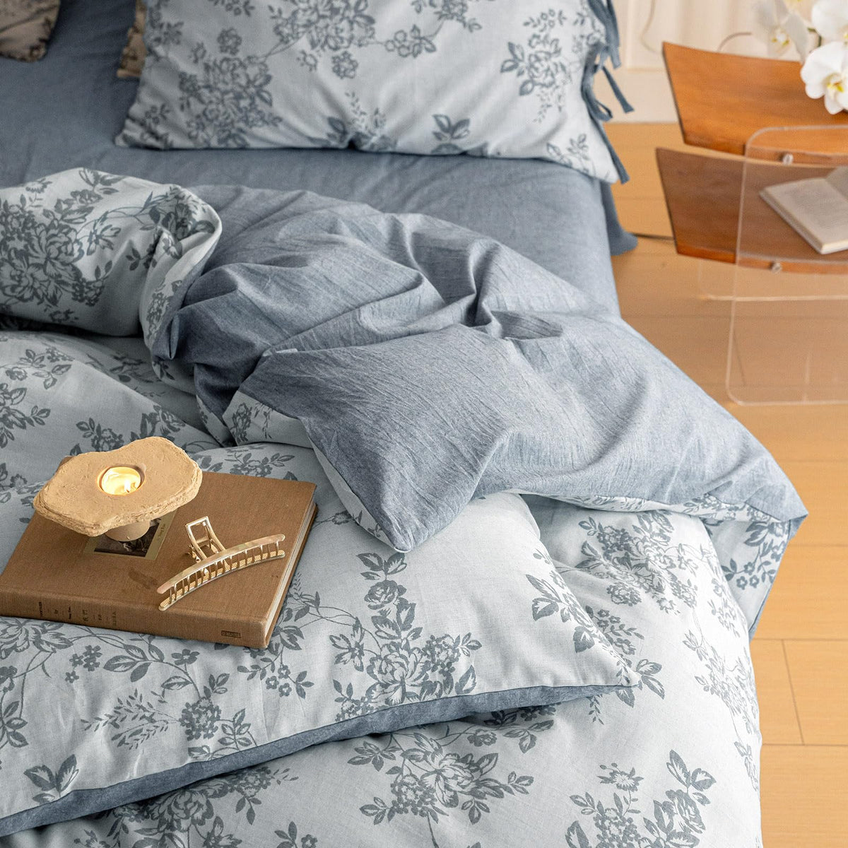 VM VOUGEMARKET Linen Duvet Cover Queen Monet Style Floral Duvet Cover Set,Jacquard Textured Comforter Cover 90"x90" with 2 Pillowcases,Navy Blue