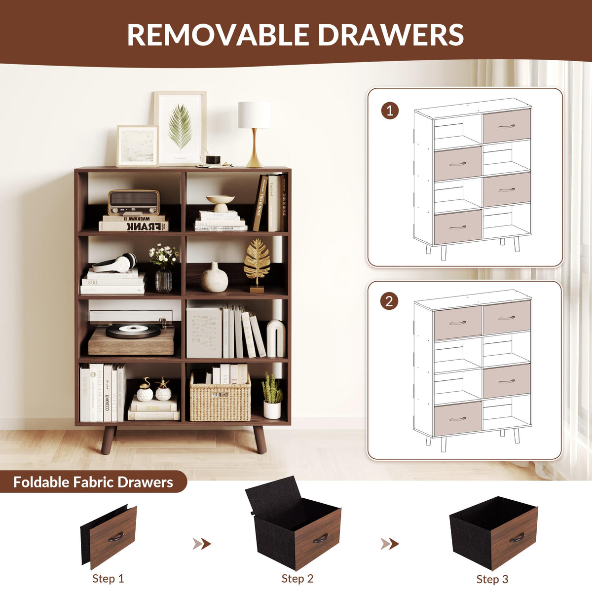 ELYUP Bookcase with Fabric Storage Bins - 8 Cube Organizer Display Bookshelf for Home Office, Walnut