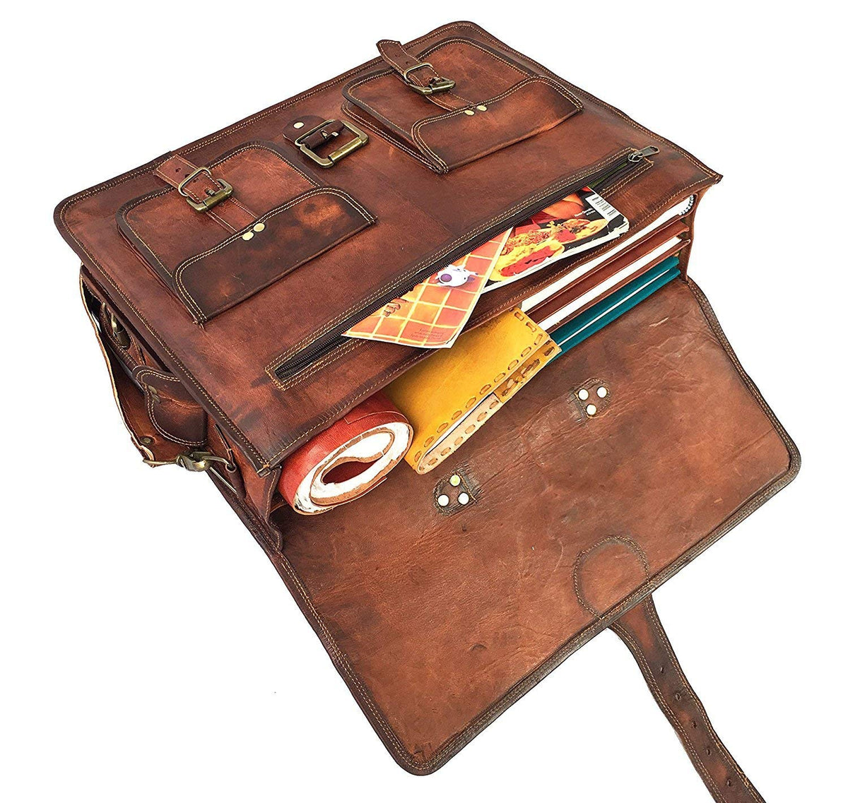 18" Messenger Laptop Briefcase Bag For Men With Vintage Leather Toiletry Dopp Kit