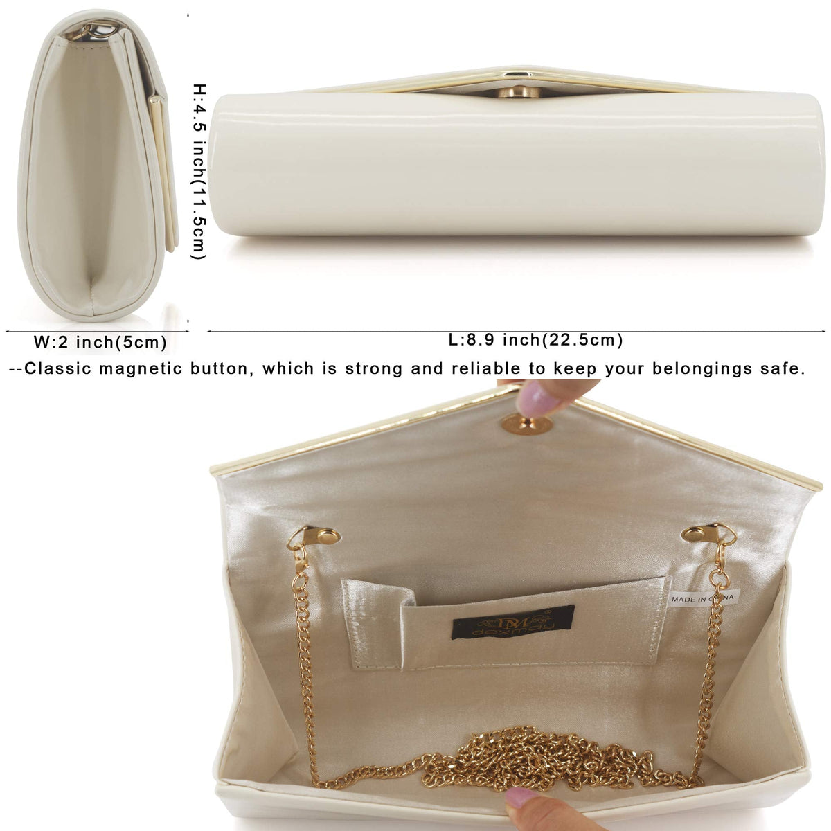 Dexmay Envelope Clutch Purse for Women Shiny Patent Leather Foldover Evening Bag Formal Handbag Ivory