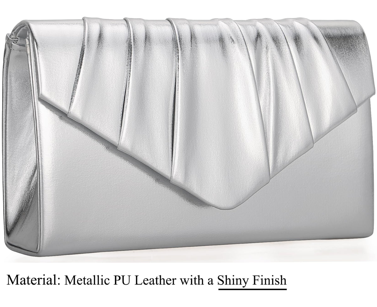 Venoline Women Evening Clutch Purse - Shimmering Metallic PU Leather Pleated Flap Envelope Handbag for Wedding Prom Party Silver
