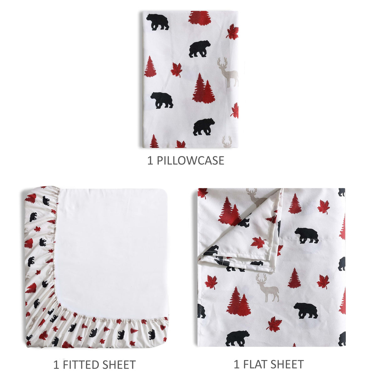 Beatrice Home Fashions Cozy Cabin 3-Piece Twin Microfiber Bedding Sheet Set with Deep Pockets Rustic Patchwork Plaid Deer, Red/Black