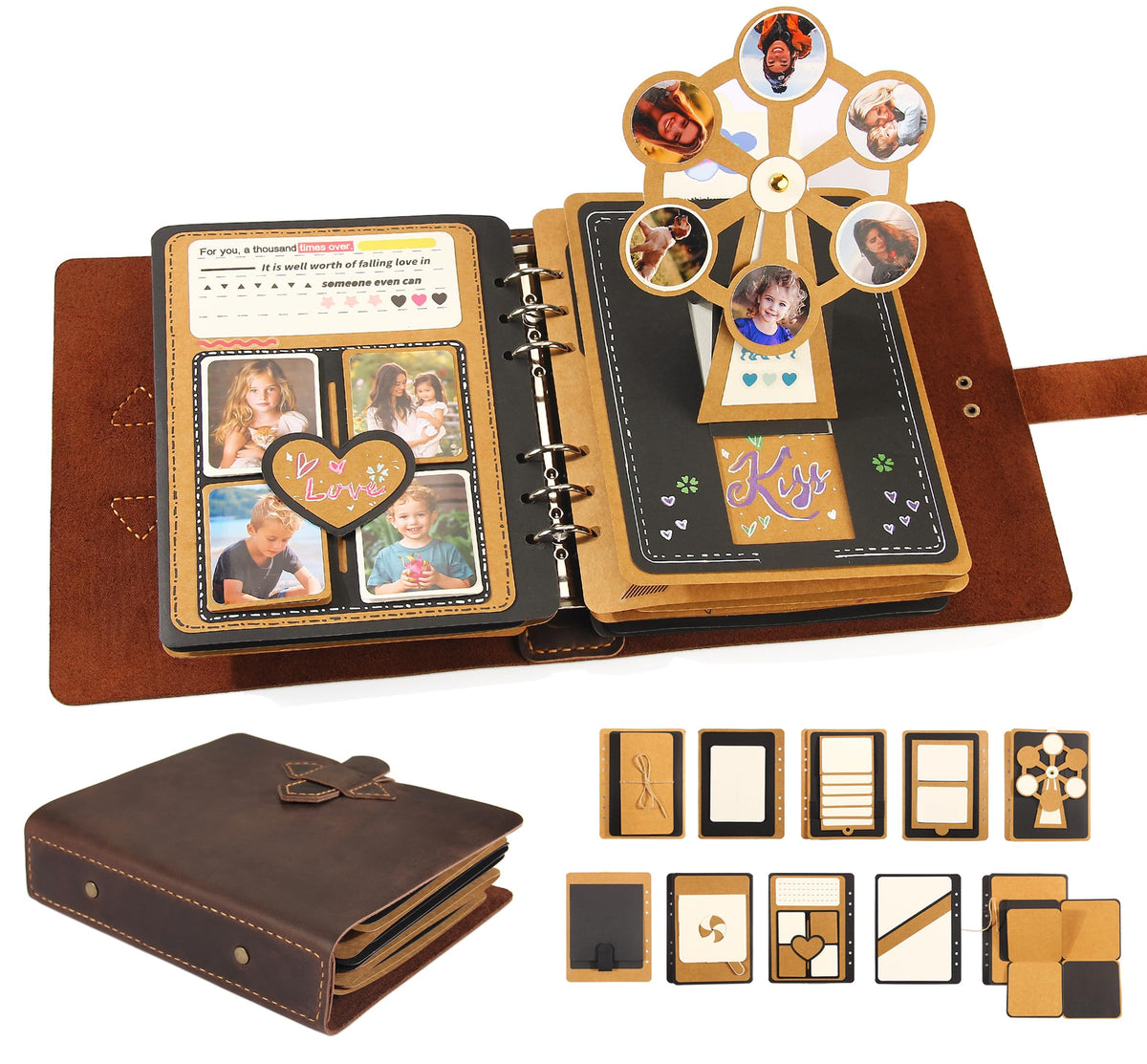 Handmade Genuine Leather Scrapbook Photo Album – DIY 3D Interactive Memory Book for Wedding, Baby, Family Photos (Travel, Anniversary, Birthday Gift)- D.Brown